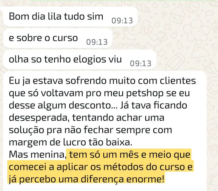 Mensagem de aluna do Agenda Lotada, com o trecho principal grifado