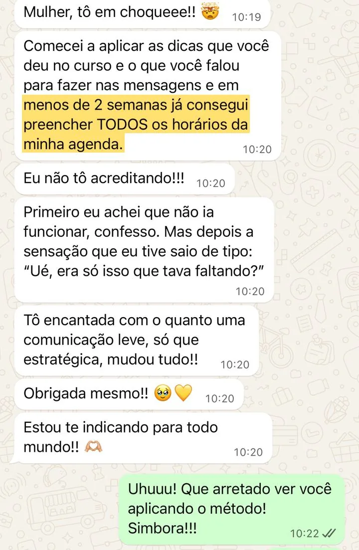 Mensagem de aluna do Agenda Lotada, com o trecho principal grifado