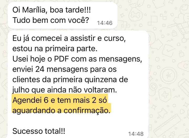 Mensagem de aluna do Agenda Lotada, com o trecho principal grifado