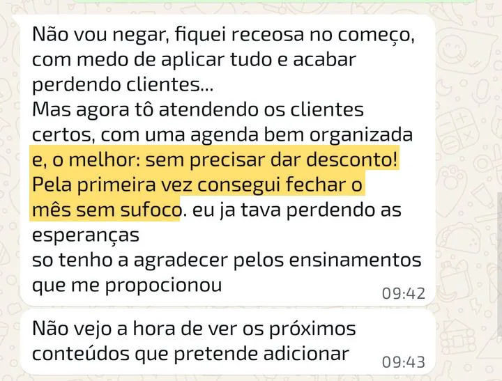 Mensagem de aluna do Agenda Lotada, com o trecho principal grifado
