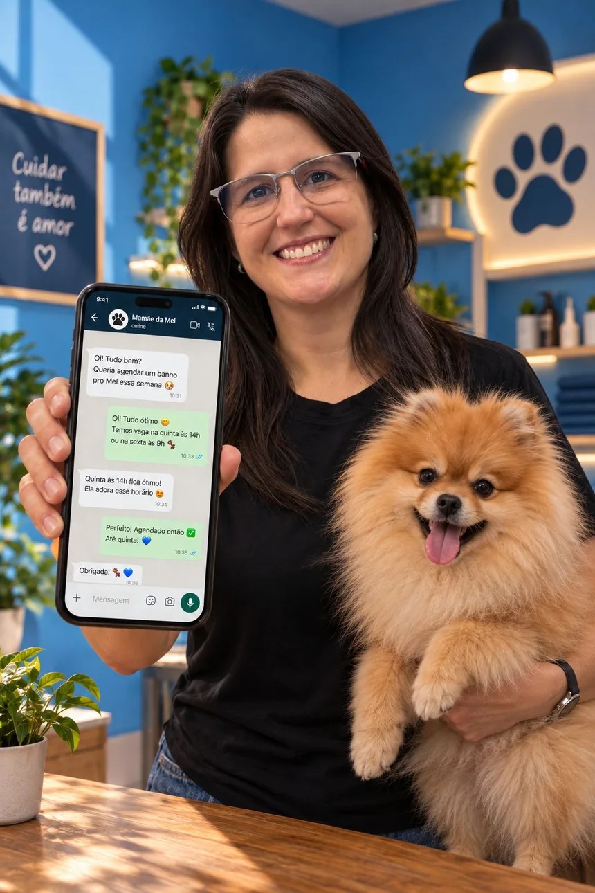Lila mostrando no celular uma conversa de WhatsApp agendando o banho da Mel, com o cachorro no colo