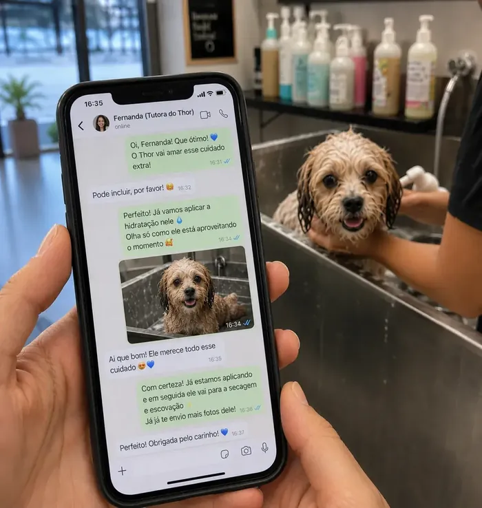 Mão segurando o celular com uma conversa real de WhatsApp, com o cachorro no banho ao fundo