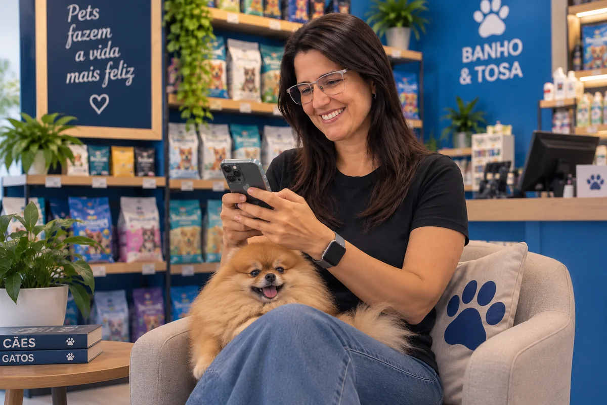 Lila tranquila na poltrona do petshop, com o xodó no colo, sorrindo para o celular