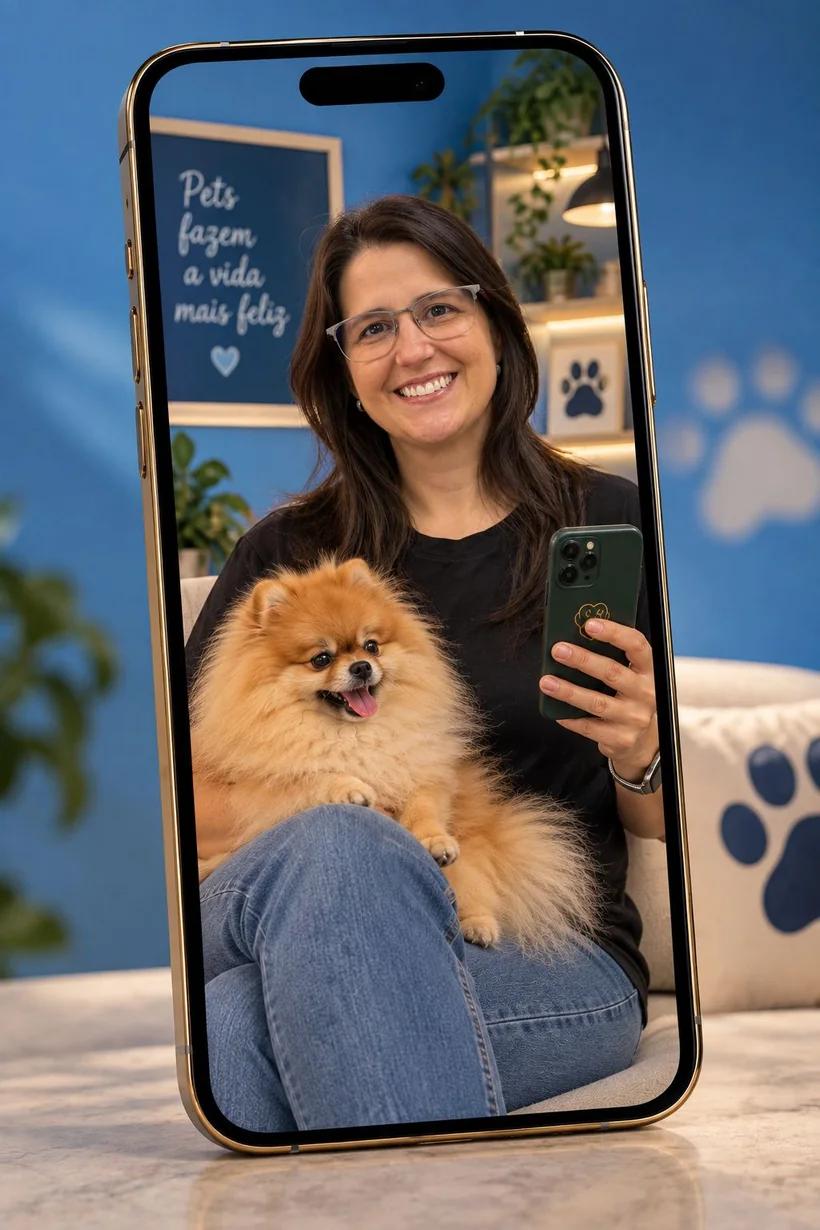 Lila Moraes com o cachorro no colo e o celular na mão