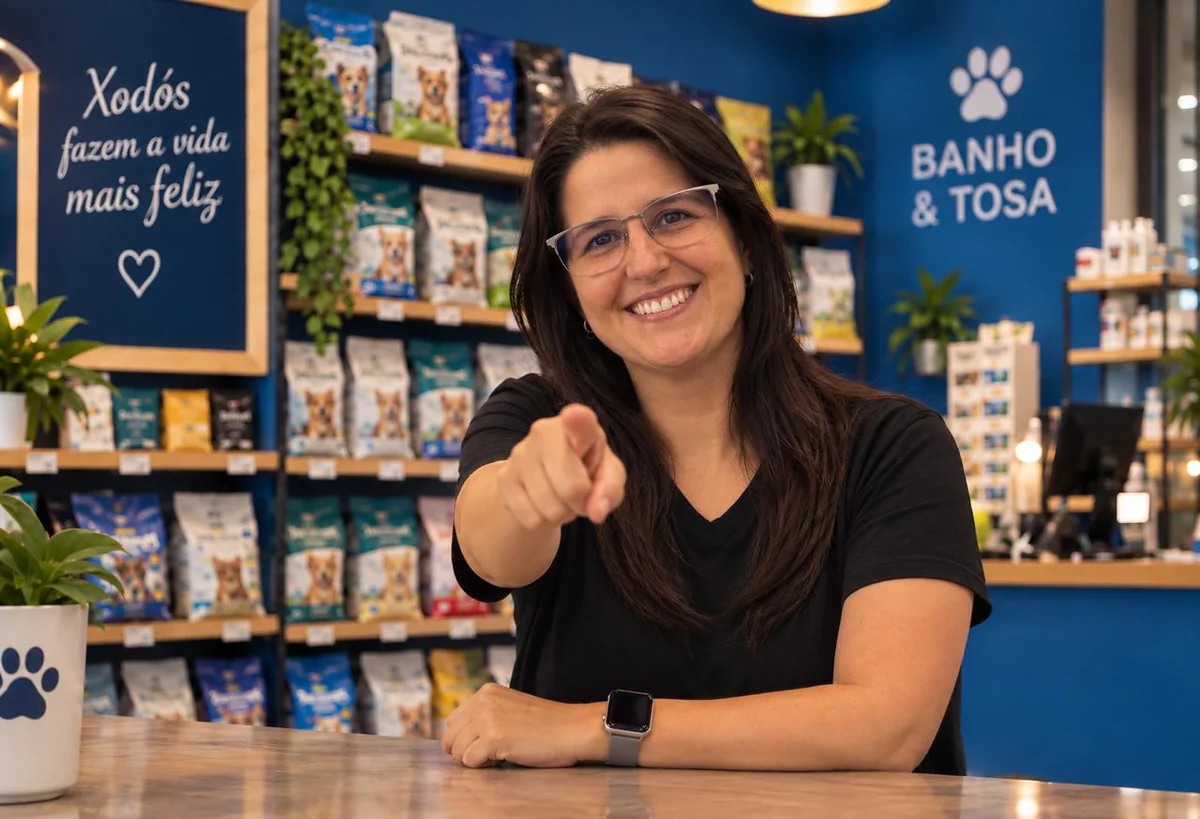 Lila no balcão do petshop apontando pra quem está lendo, sorrindo