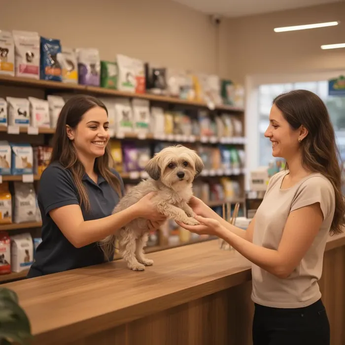 Entrega do cachorro no balcão do petshop, tutora sorrindo