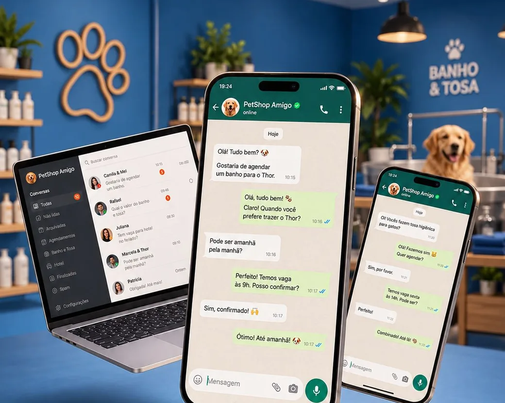 O WhatsApp de um petshop num dia comum: agendamentos, dúvidas e confirmações no celular e no computador